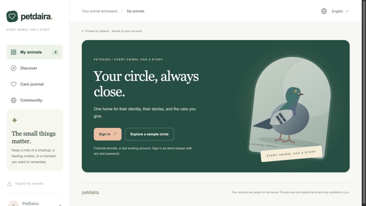Pet Daira app showing its animal workspace and Your circle, always close welcome screen