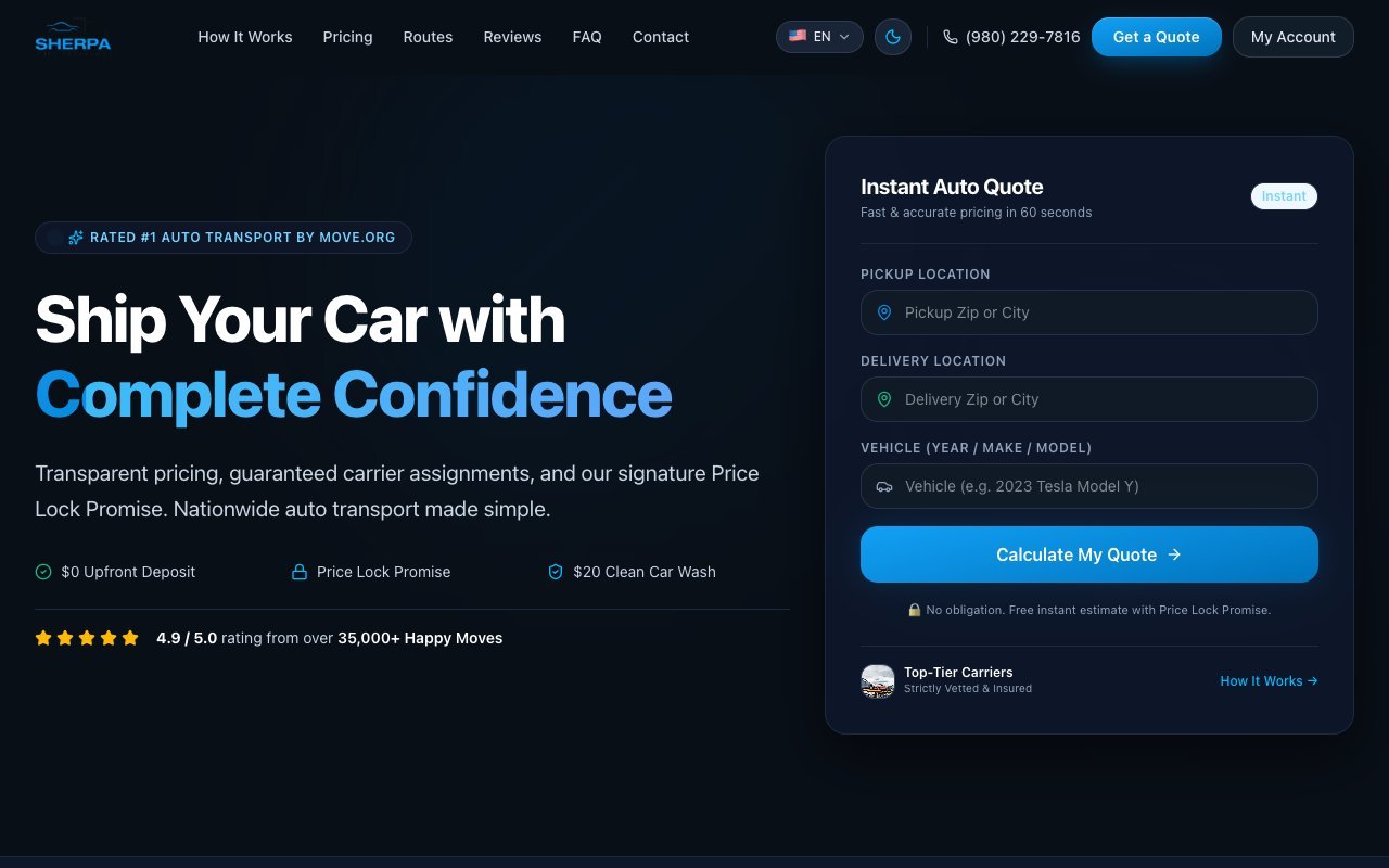 Sherpa Auto Transport website screenshot